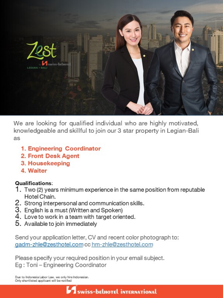 info loker dari ZEST by Swiss-Belhotel, untuk kualifikasi dan persyaratan yuk cek postingan di atas Sobat Perinaker.
